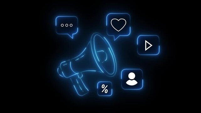 Download free with trialNeon megaphone broadcasting social media icons and digital particles against black background loudspeaker 4k video...
