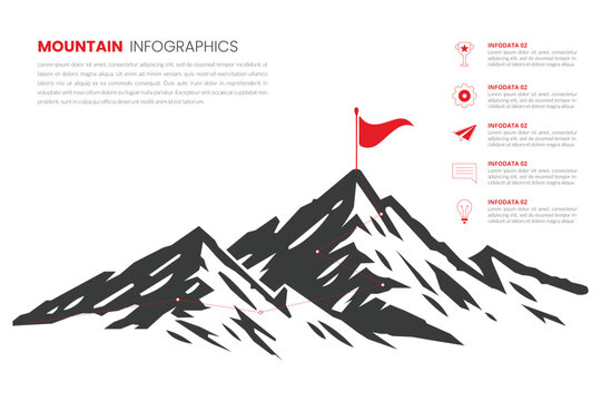 Mountain Infographic with Icons and Flag &ndash; Business Strategy, Success Roadmap, Growth Process Vector Illustration