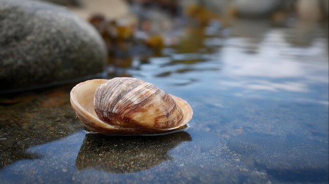 A single textured clam shell rests serenely in a calm shallow tidal pool on a wet pebbly beach with soft background focus