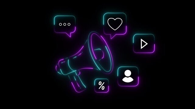 Download free with trialNeon megaphone broadcasting social media icons and digital particles against black background loudspeaker 4k video...