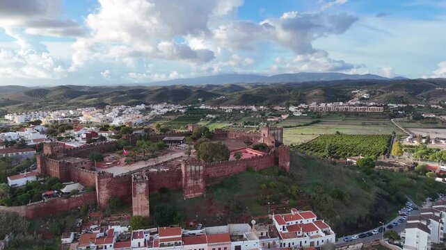 Panoramic Aerial View of Silves Castle, Church and Mountains, Algarve