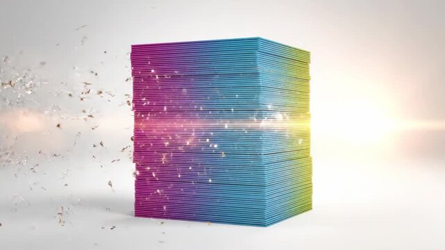 Stack of colorful paper sheets exploding with confetti on white background concept for print design and creative graphic arts projects