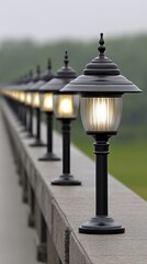 Naklejka premium Soft Lights Turn on Along a Walkway Near Grassland in the Evening Time