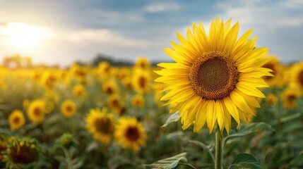 Fototapeta premium Beautiful Sunflower in a Field at Golden Hour Sunset