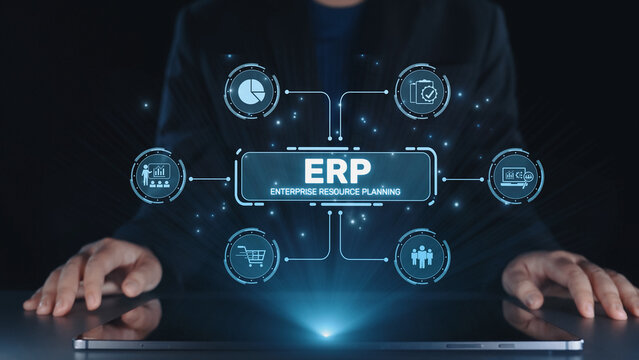 ERP platform visual showing centralized system for enterprise resource planning, improving integration, data flow, business efficiency, finance, inventory, and human resources. Elide