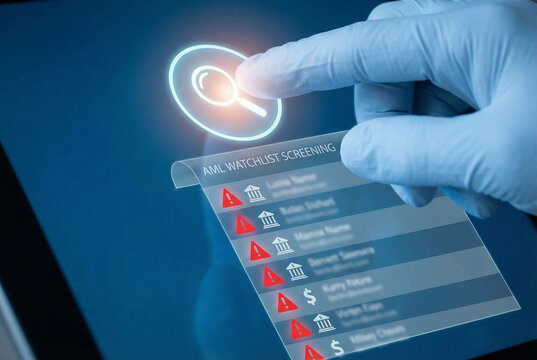 A gloved hand interacting with AML watchlist screening on a digital interface for financial security