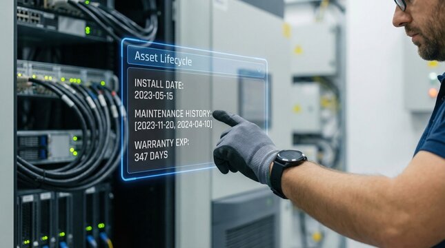 A technician interacting with an asset lifecycle management system in a data center