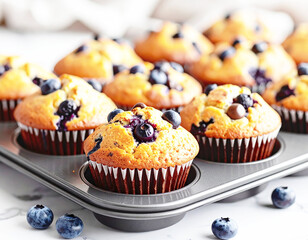 Baked chocolate and blueberry muffins cooling in a muffin tin, macro shot. AI