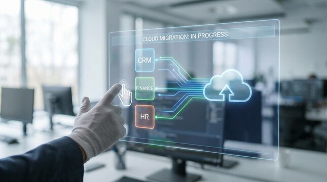 A business person interacting with a cloud migration interface on a computer screen in a modern office