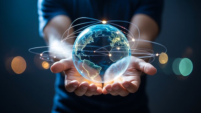 Digital globe in human hands representing global technology connection
