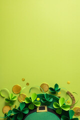Naklejka premium Green vertical hat with gold buckle, shamrocks and coins create a festive St Patrick Day scene perfect for greeting cards and promotions