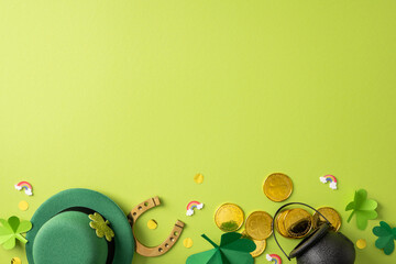Obraz na płótnie Canvas A festive St Patrick's Day scene with a green hat gold coins shamrocks and tiny rainbows on a bright lime background evoking luck celebration and joy greeting hope prosperity memory