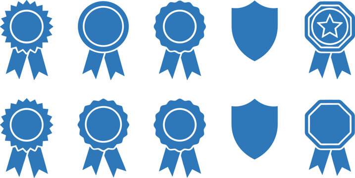 Award badge and shield icon set in blue style for achievement, certification, security and quality guarantee designs