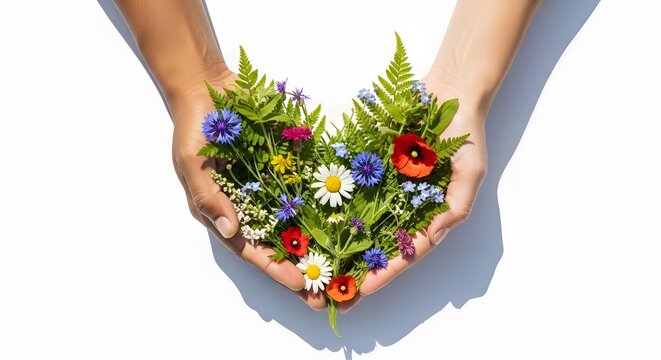 Hands cradling a heart of vibrant wildflowers. Symbolizes love, natural beauty, Valentine's Day romance, IWD for strong wom.