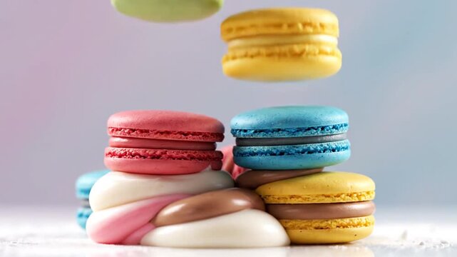 Colorful macarons falling into a stack in a video showcasing the dessert