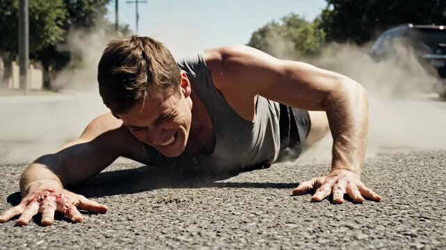 Under the warm rays of the sun, a determined man crawls along a quiet asphalt road. Every movement shows his grit and commitment to surpassing his own limits.