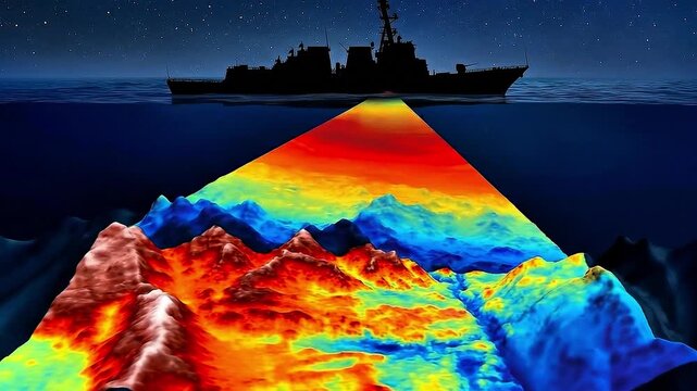 Video, navy illustration, silhouette of a warship with lidar sensors performing detection, 3D, navy, education, security, technology, 