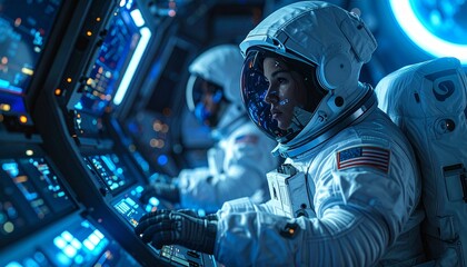 Astronaut Operating Controls Inside Spacecraft Cockpit