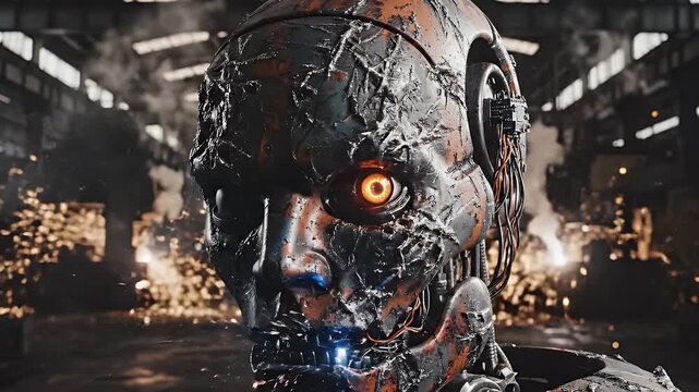 Damaged Robot in Industrial Setting - A close-up shot shows a damaged robot with a glowing orange eye. The robot is set in an industrial environment with sparks and smoke adding to the scene.