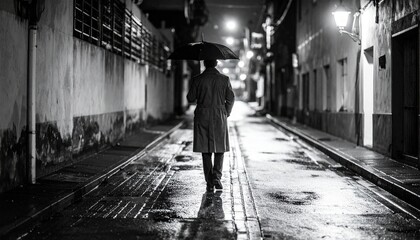 Lone Figure Walking Wet Alley in Noir Night Mood