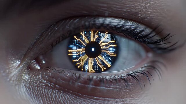 Futuristic Eye with Circuit Board Iris - A close-up video showing a human eye with an iris that resembles a circuit board.