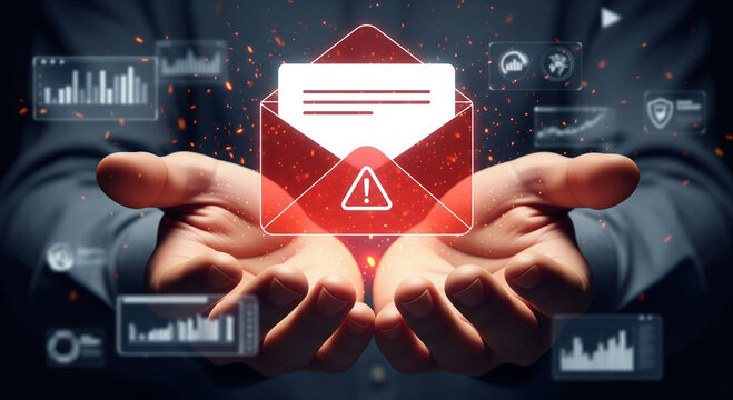 Hands holding an open email with a warning symbol, surrounded by digital data and charts, representing online security and alerts.