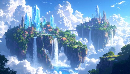 Floating Fantasy Islands with Waterfalls and Soft Sky Light