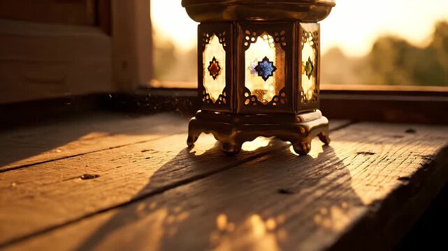 Moroccan Lantern Casting Shadows on Windowsill - A close-up view of a traditional golden Moroccan lantern resting on a wooden windowsill, illuminated by the warm glow of sunlight.