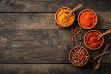 Top view of colorful Indian spices in wooden bowls on dark table background