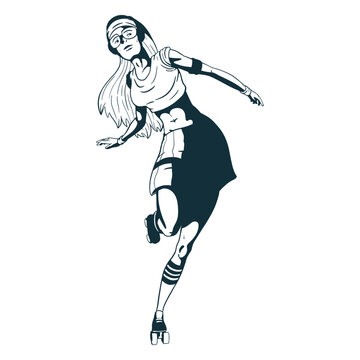 Girl rollerskating character black and white