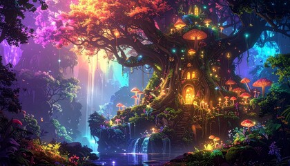 Fantasy Tree of Light in Magical Forest Environment