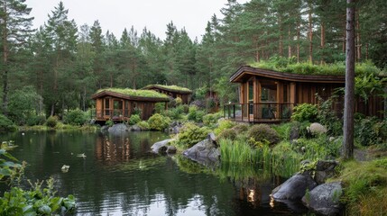 Fototapeta premium Two wooden cabins with green roofs sit beside a calm pond, enveloped by lush trees and plants. The peaceful scene captures a harmonious blend of architecture and nature.