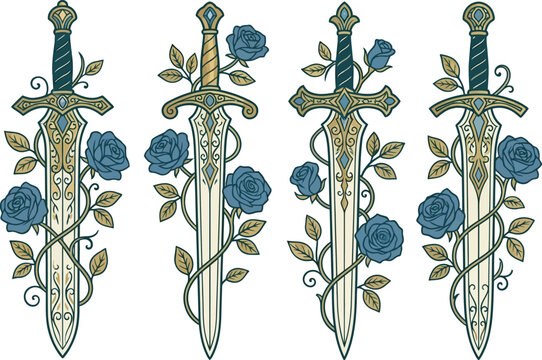 Elegant swords intertwined with roses vector, perfect for tattoo art or fantasy, ornamental swords with roses set, fantasy medieval weapon vector illustration