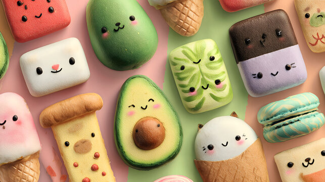 Cute food emoji faces wallpaper set with avocado kiwi cookie and fruits on pastel background