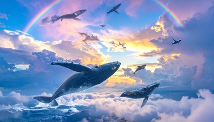 Whales Flying Through Dreamy Sky with Rainbow Light