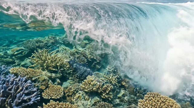 Dynamic Ocean Wave Breaking Above a Thriving Coral Garden
