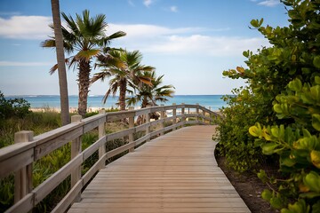 Fototapeta premium A wooden boardwalk leading to a beach with palm trees and greenery on a sunny day