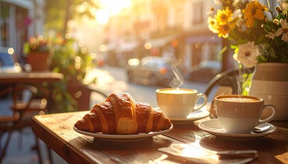 Coffee and Croissant on Cozy Cafe Table in Morning Light