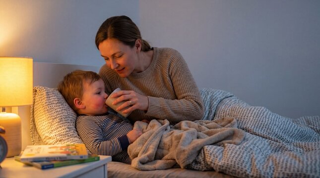caucasian mother giving water to her sick toddler in bed at night. bedtime routine and childcare concept. parenting, health care, family life. social media, blog, healthcare brochure.