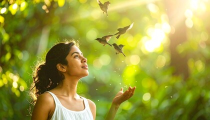 Young Woman Enjoying Sunlit Nature with Gentle Birds