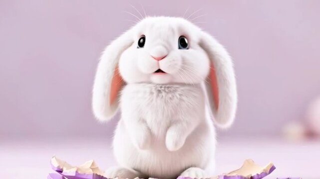 A fluffy cute Easter Bunny with soft pink pastel easter flatlay top view bunny ears colorful eggs isolated - generative ai