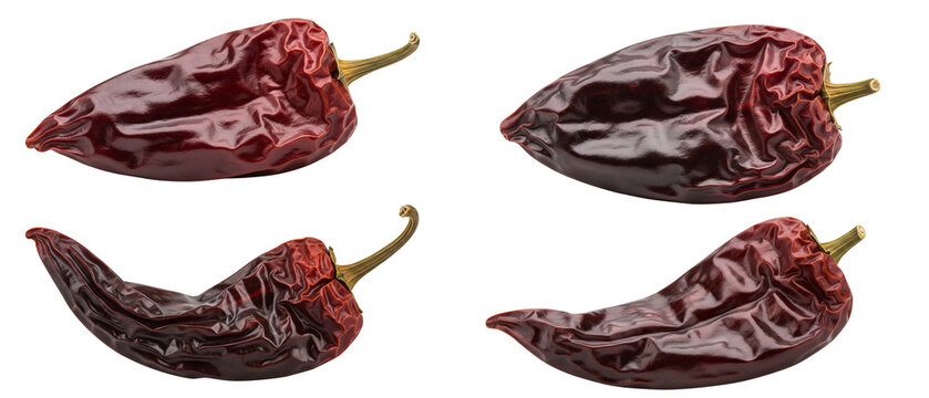 A collection of four whole dried dark red chili peppers isolated on a white background.
