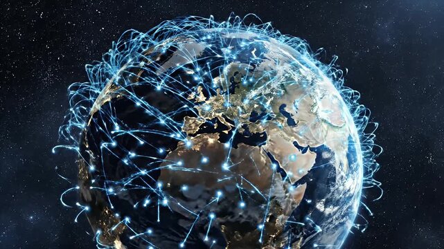 Global Network Connectivity with Digital Earth Visualization - This video depicts a digital visualization of Earth with interconnected glowing nodes and lines, symbolizing global communication