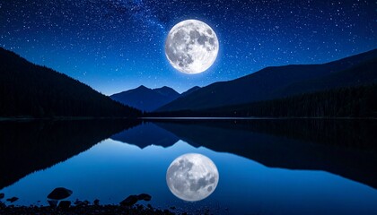 Full Moon Reflected on Calm Mountain Lake at Night