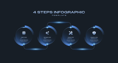Dark Futuristic Neon Tech Infographic with Blue Gradient Glow, Circular Horizontal 4 Step Process Timeline for Presentation, Workflow, Banner, Flowchart Layout, and Diagram Progress Stages © semurup