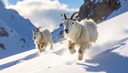 Mountain Goats Running Across Snowy Alpine Ridge