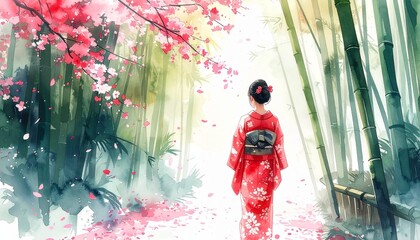 Woman in Red Kimono Walking Through Bamboo Forest