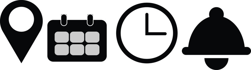 Icons representing location, schedule, time, and notification