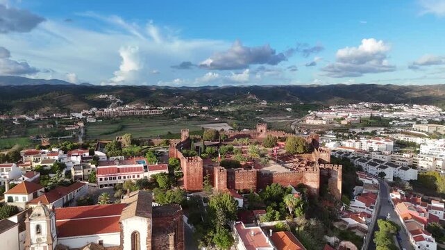 Aerial View of Silves Castle and Church with Mountain Landscape, Algarve