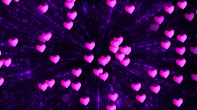 Valentine pink heart shapes and stars floating on blackground